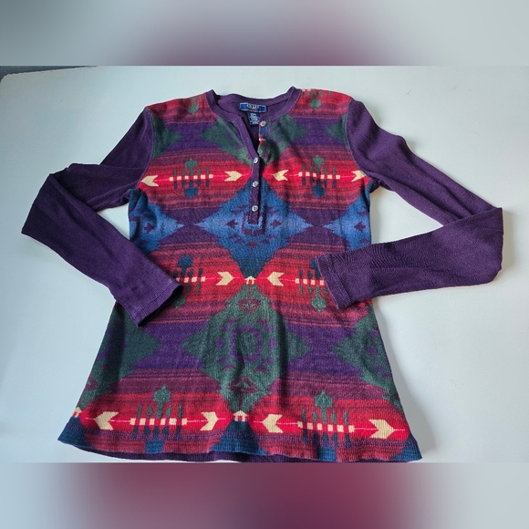 Chaps Aztec Print Womens Thermal Henley Tee S Purple - Picture 1 of 7
